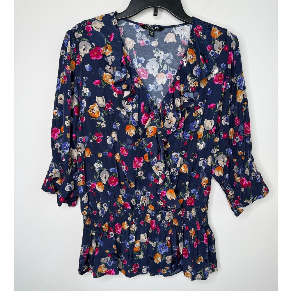 Lauren Ralph Lauren Shianete Floral Faux-Wrap Peplum Blouse Navy Floral Women L - Picture 3 of 14